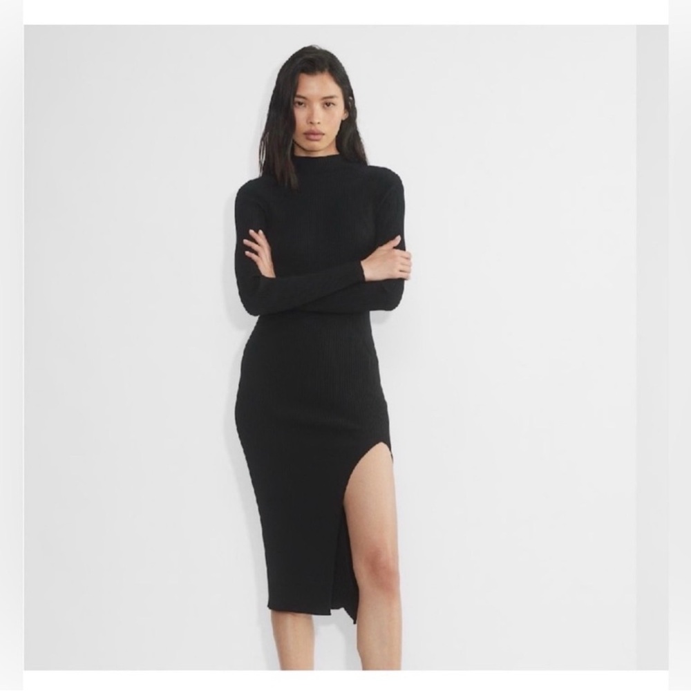Aritzia Black Ribbed Maxi Dress with Side Thigh Slit